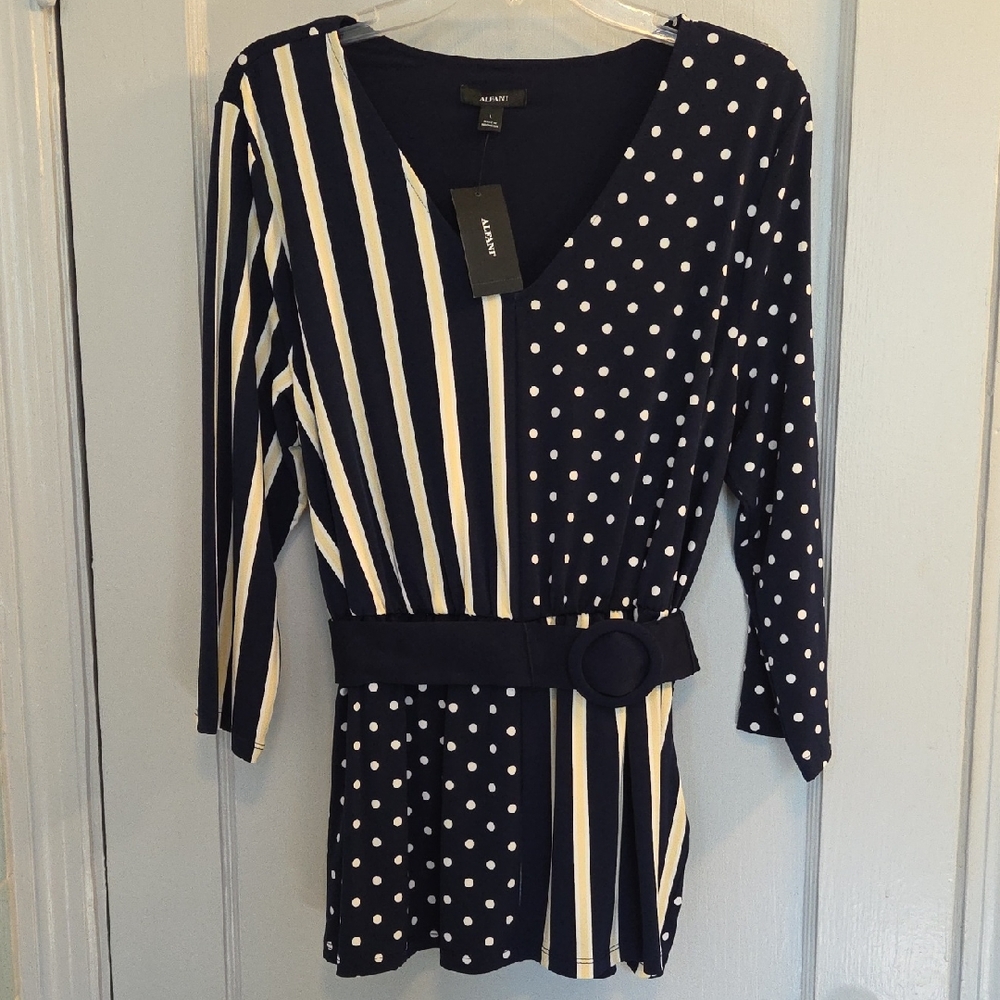 NWT Alfani Navy Yellow and White Polka Dot Blouse Size L